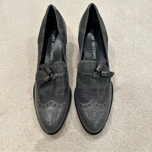 Stuart Weitzman Black & Gray Heels Brogue Loafers Tassel Accent Narrow Fit sz 8